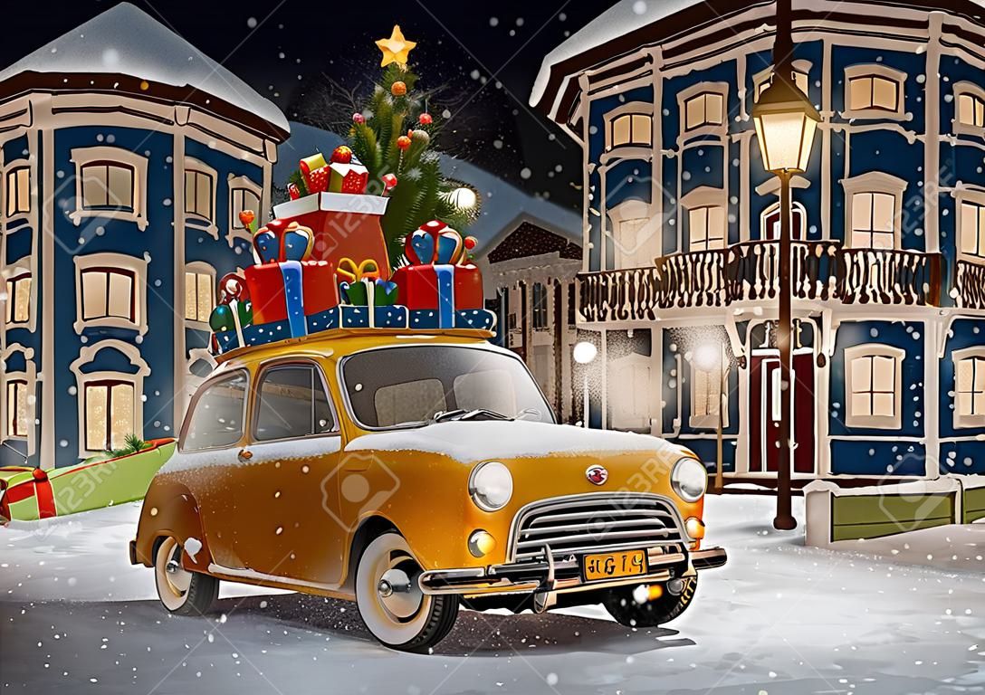 Incredibile auto retrò divertente con Natale scatole regalo e albero sul tetto della città carino di notte. Insolito illustrazione natale