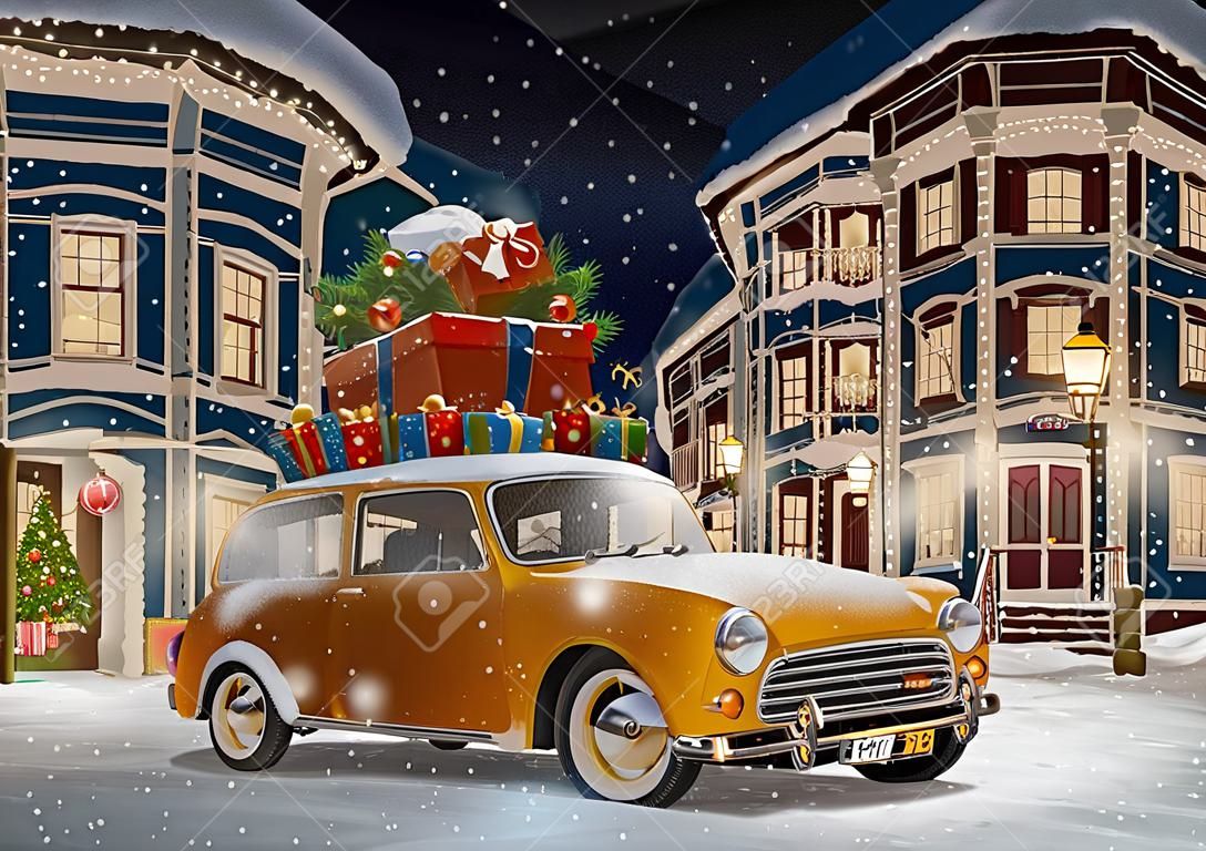 Incredibile auto retrò divertente con Natale scatole regalo e albero sul tetto della città carino di notte. Insolito illustrazione natale