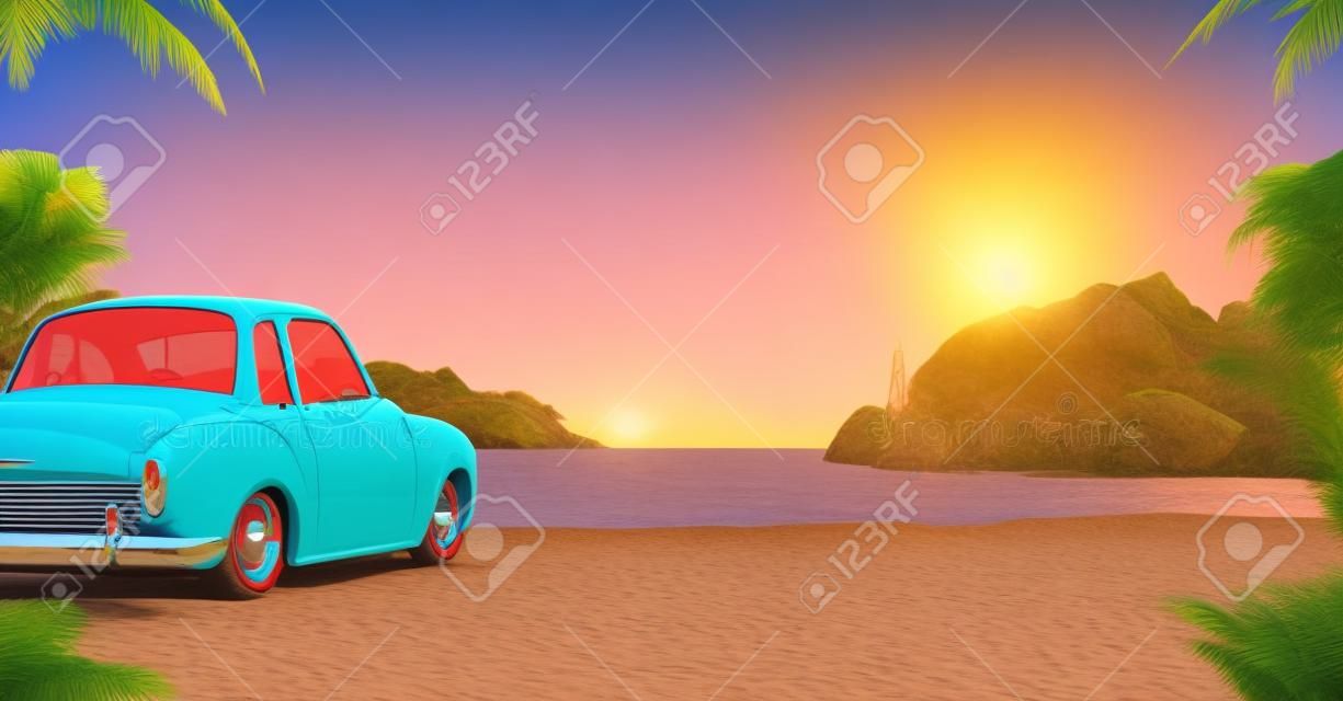 Cute retro car on a beach at beautiful sunset. Out of town.  Unusual 3D illustration