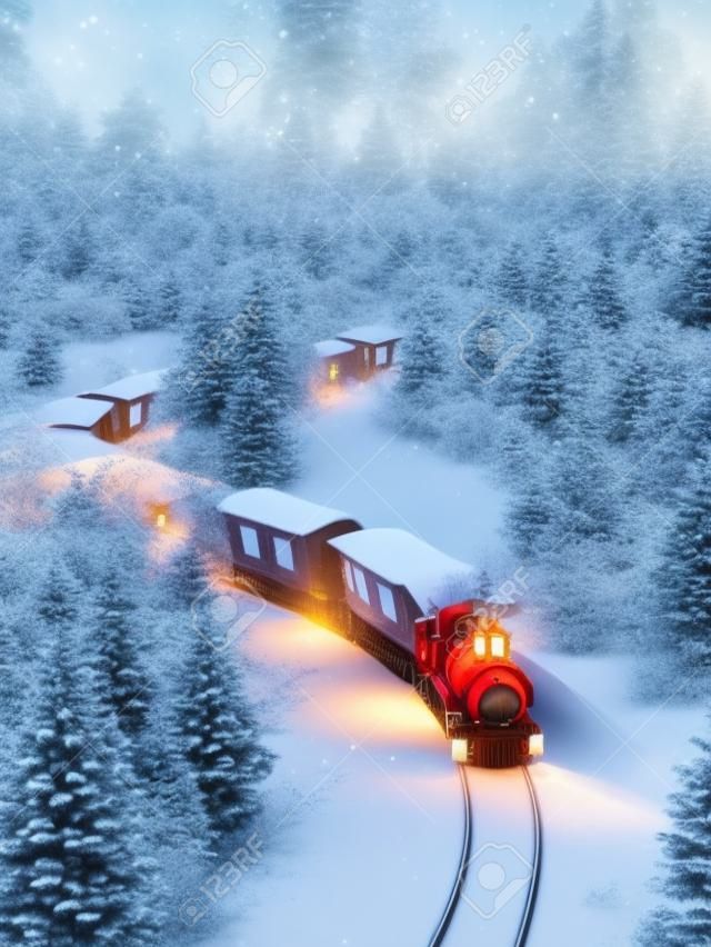 놀라운 귀여운 크리스마스 기차가 북극의 환상적인 겨울 숲을 통과합니다. 특이 한 크리스마스 3d 일러스트