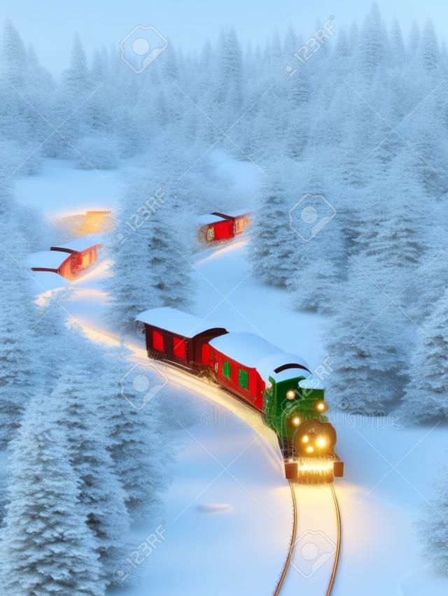 놀라운 귀여운 크리스마스 기차가 북극의 환상적인 겨울 숲을 통과합니다. 특이 한 크리스마스 3d 일러스트