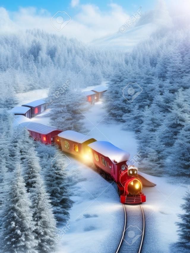 Amazing cute christmas train goes through fantastic winter forest in north pole. Unusual christmas 3d illustration