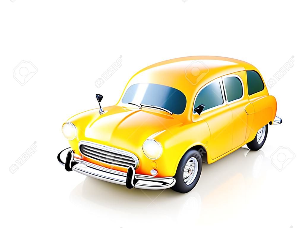 3D иллюстрации смешной желтый мультфильм ретро автомобиль, изолированных на белом