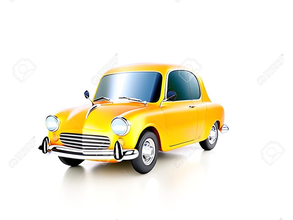 3D иллюстрации смешной желтый мультфильм ретро автомобиль, изолированных на белом