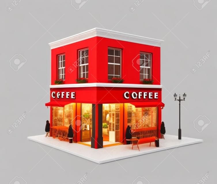 Szokatlan 3D-s illusztráció egy hangulatos kávézó, kávézó vagy kávéház épület vörös napellenzővel