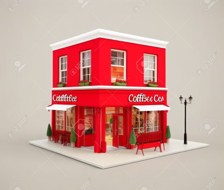Szokatlan 3D-s illusztráció egy hangulatos kávézó, kávézó vagy kávéház épület vörös napellenzővel