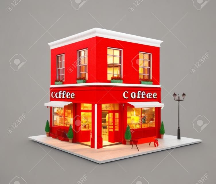 Ungewöhnliche 3D-Illustration eines gemütlichen Café-, Kaffeehaus- oder Kaffeehausgebäudes mit roter Markise