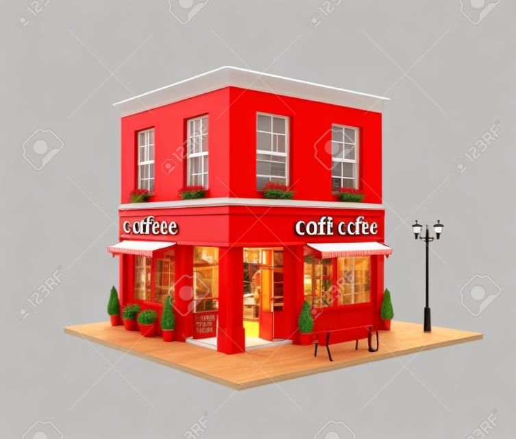 Ilustración 3d inusual de una acogedora cafetería, cafetería o edificio de cafetería con toldo rojo