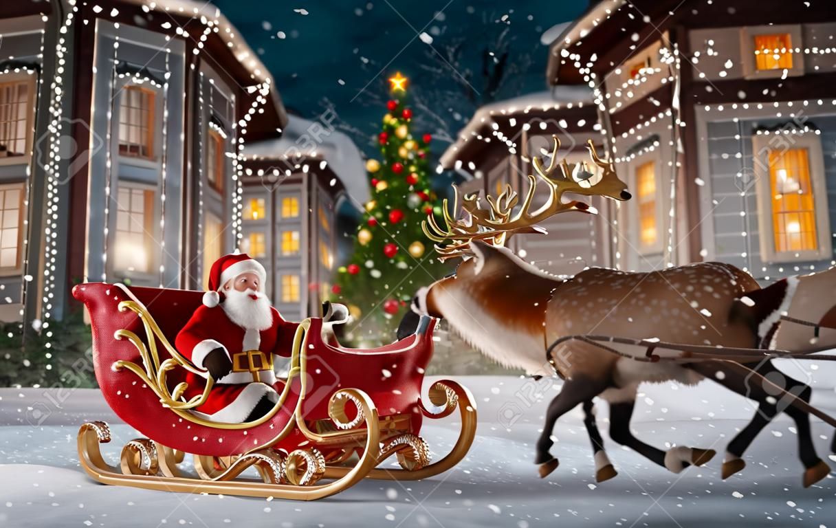 Happy Santa Claus in Christmas sleigh in a town. Unusual Christmas 3d illustration. Merry Christmas and a Happy new year concept