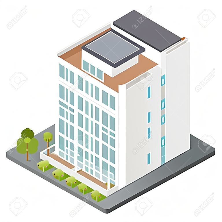 Woonhuis met een eigen tuin en penthouse appartementen isometrische icoon set vector grafische illustratie