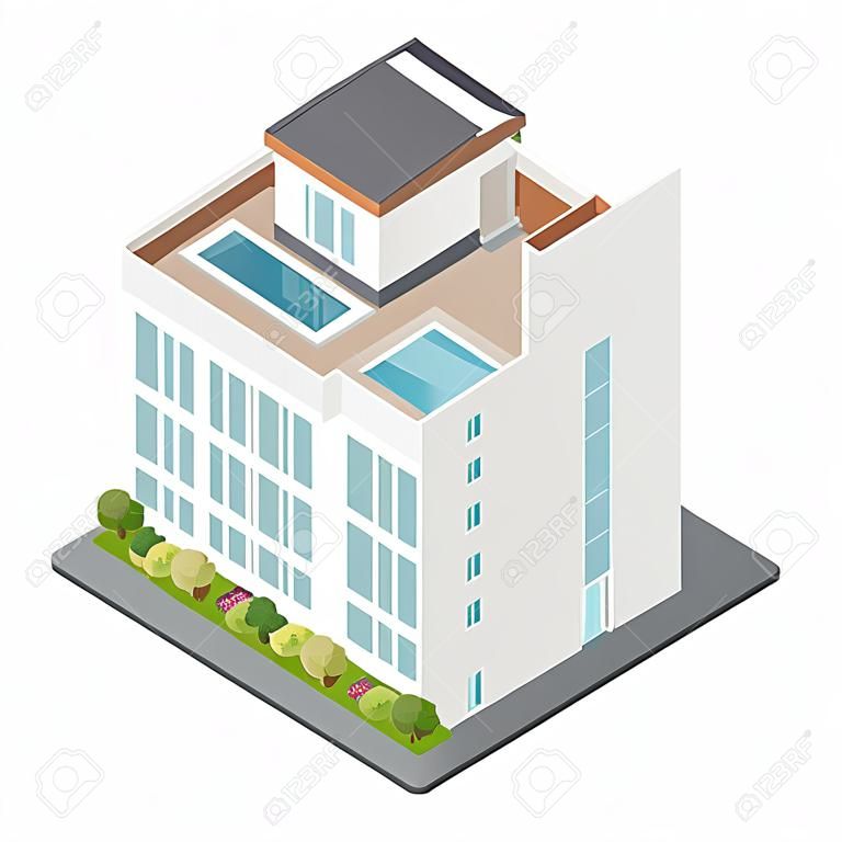 Lakóház saját kerttel és penthouse lakások izometrikus ikon készlet vektorgrafikus illusztráció