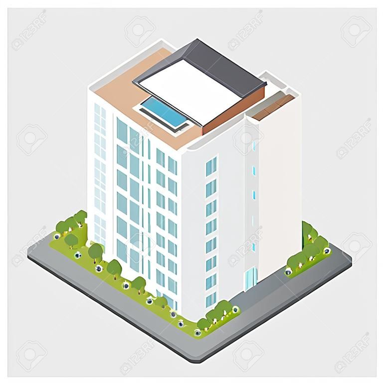 Residential house with a private garden and penthouse apartments isometric icon set vector graphic illustration