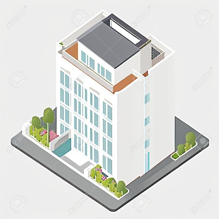 Casa residencial com um jardim privado e apartamentos penthouse ilustração gráfica conjunto de ícones isométrica