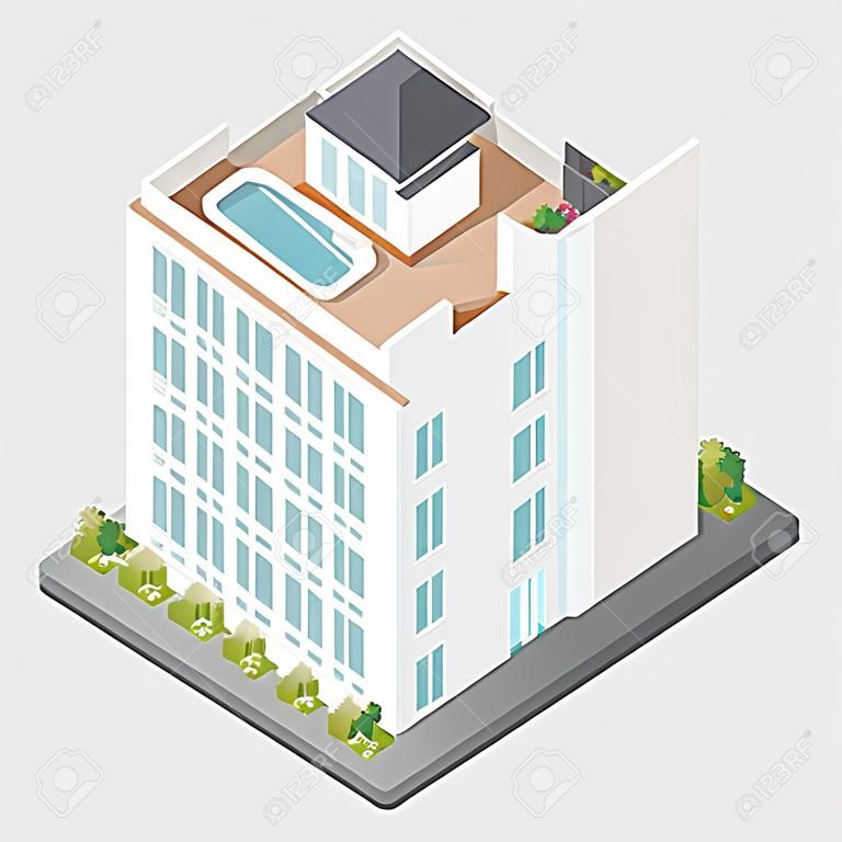 住宅帶私人花園和頂樓公寓等距圖標集矢量圖形插圖