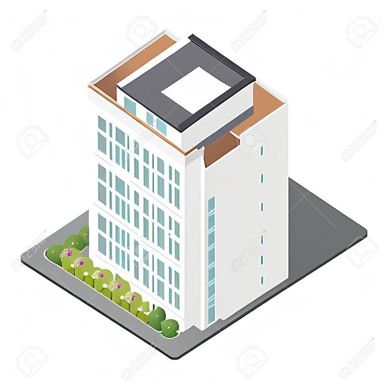 住宅帶私人花園和頂樓公寓等距圖標集矢量圖形插圖