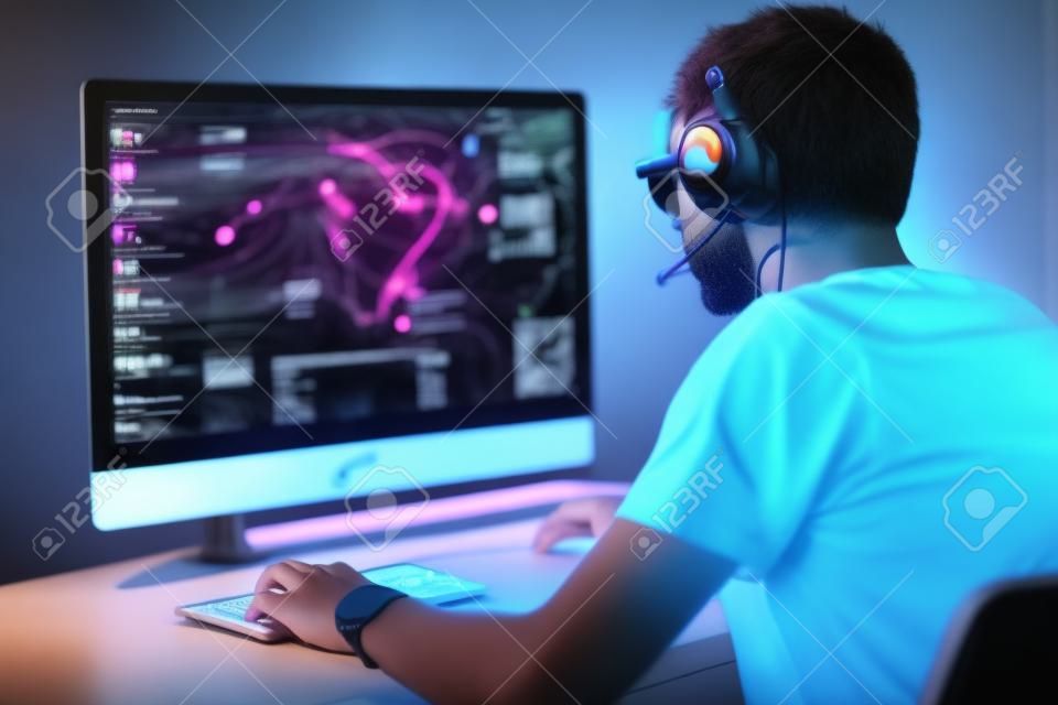 Vissza kilátás koncentrált fiatal gamer fejhallgató és szemüveg számítógépes játszik játék otthon