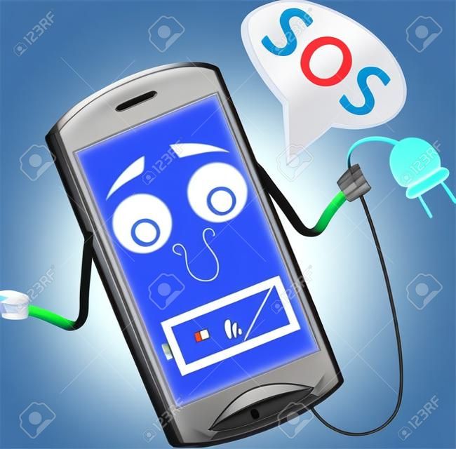 Cartoon cell phone with charge indicator 25%. The phone searches for an outlet and said SOS. Low battery.