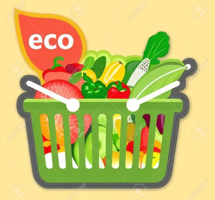 Cart beneficial eco supermarket fresh food fruit and vegetables products in basket vector illustration