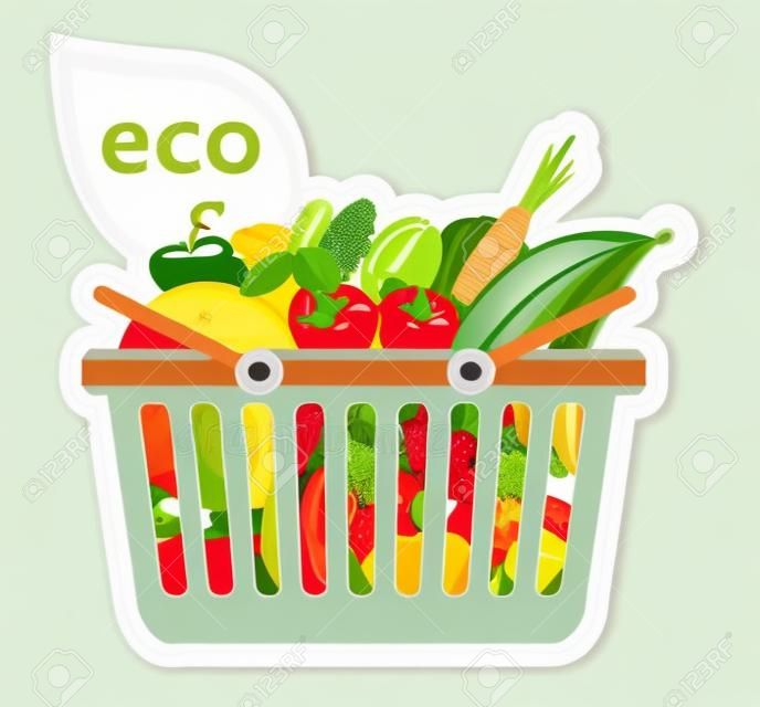 車有益環保超​​市生鮮食品水果和蔬菜產品在籃下的矢量插圖