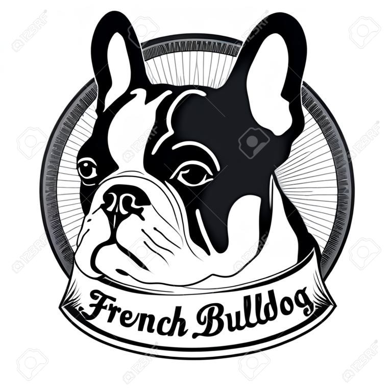 法國鬥牛犬的畫像。在黑色和白色的狗徽