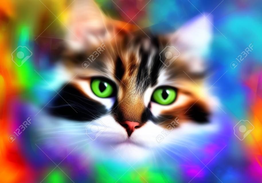 Głowa kota z kreatywnymi kolorowymi elementami abstrakcyjnymi na jasnym tle