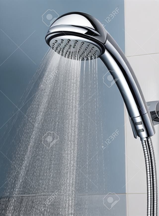 Silver shower head with flowing water in the bathroom