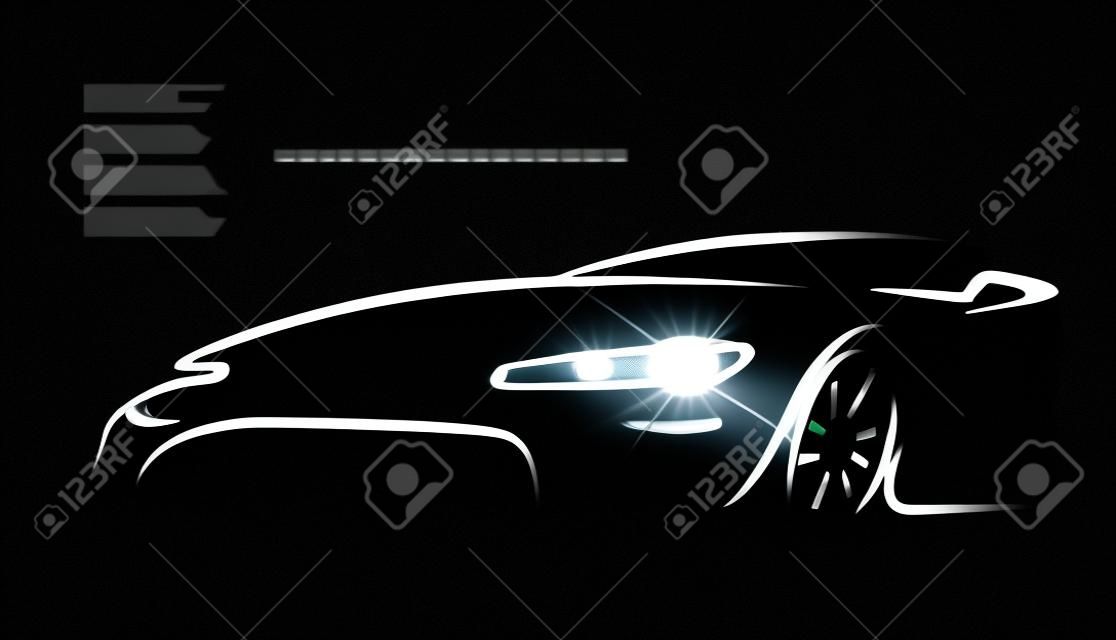 Silhouette de la voiture avec les phares sur fond noir.
