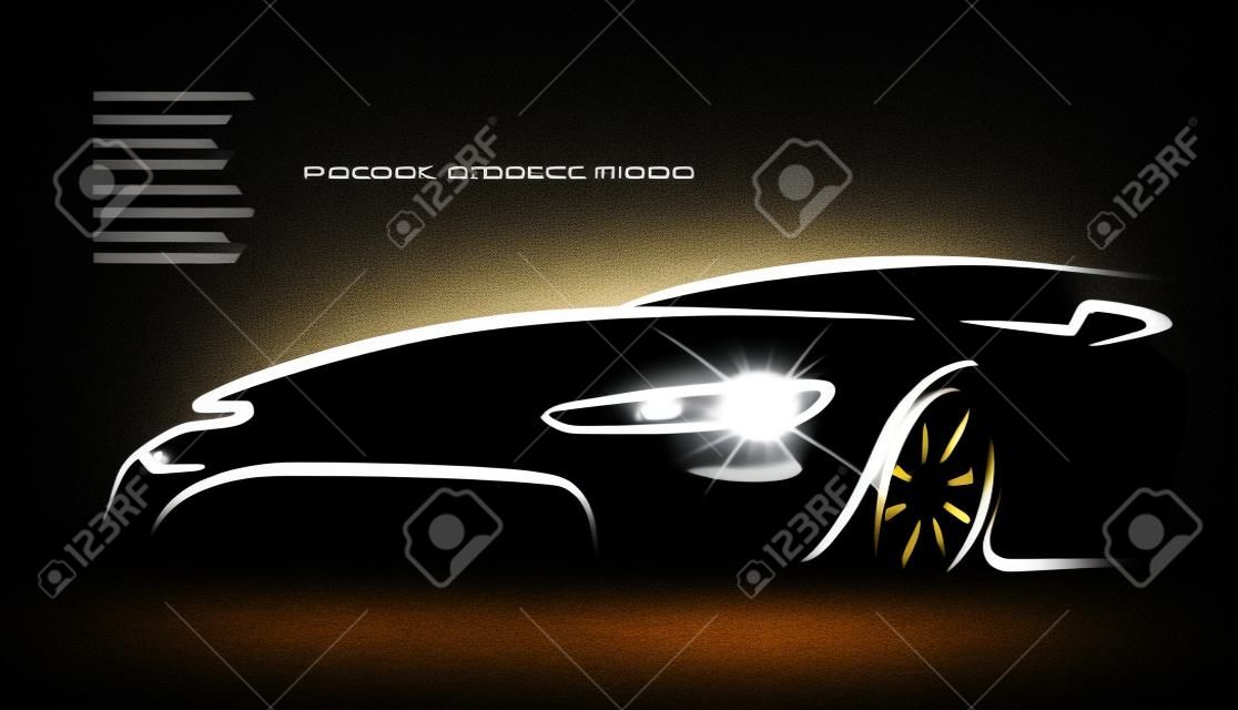 Silhouette of car with headlights on black background. 