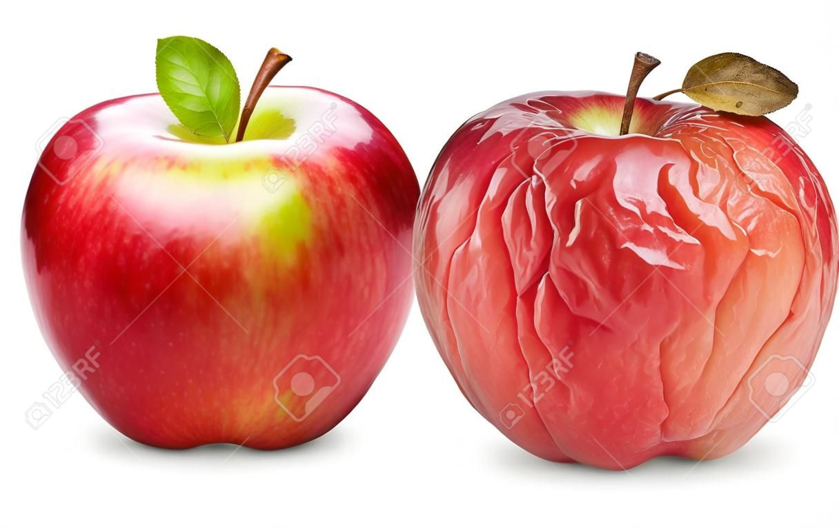 在白色背景老化的概念上分离出皱纹和新鲜的苹果