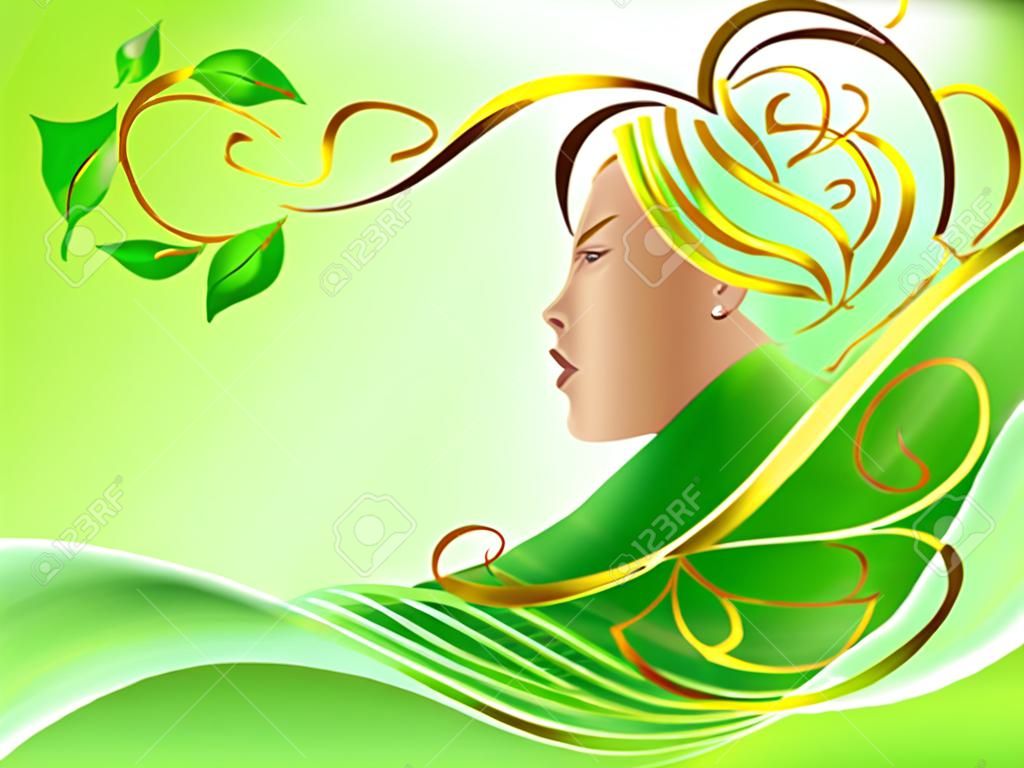 Abstract illustration of woman with gold hair and leaves