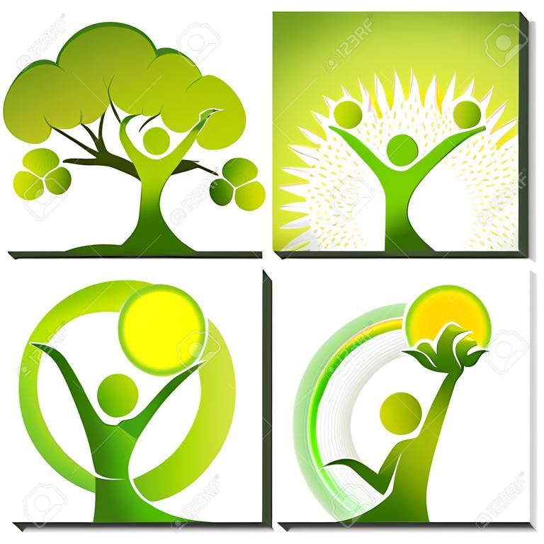 Eco icon green dancers with tree, nature concept