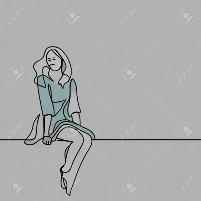 Jovem mulher no vestido sentado. Desenho de linha contínua. Ilustração vetorial