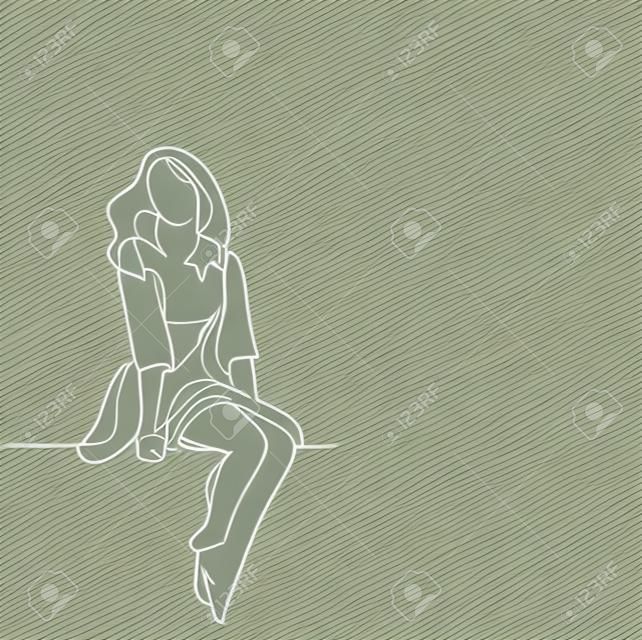Młoda kobieta w sukni siedzi. Ciągły rysunek linii. Ilustracji wektorowych