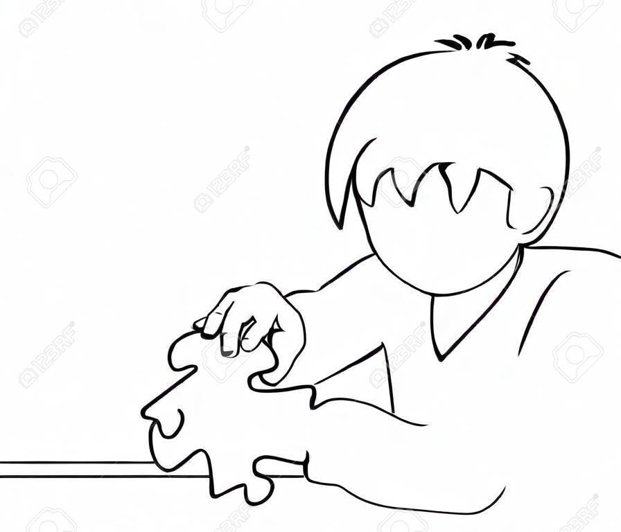 Continuous line drawing. Young Boy Playing with puzzle. Vector illustration