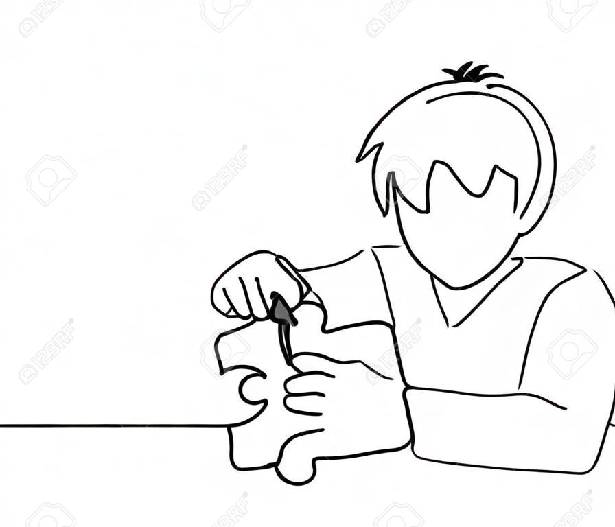 Continuous line drawing. Young Boy Playing with puzzle. Vector illustration