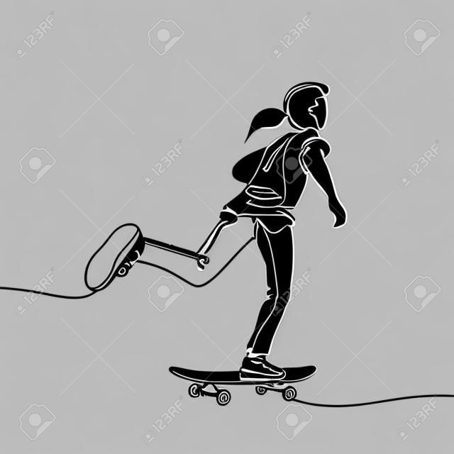 Continue lijn tekening. Meisje berijden een skateboard. Vector illustratie