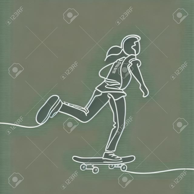 Continue lijn tekening. Meisje berijden een skateboard. Vector illustratie
