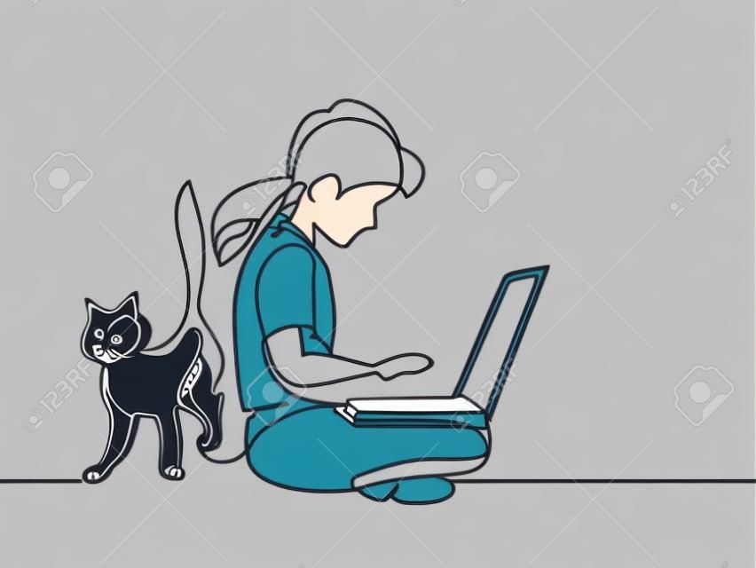 Girl studing with notebookand cat walking near. Back to school concept. Continuous line drawing. Vector illustration on white background