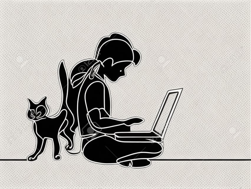 Girl studing with notebookand cat walking near. Back to school concept. Continuous line drawing. Vector illustration on white background
