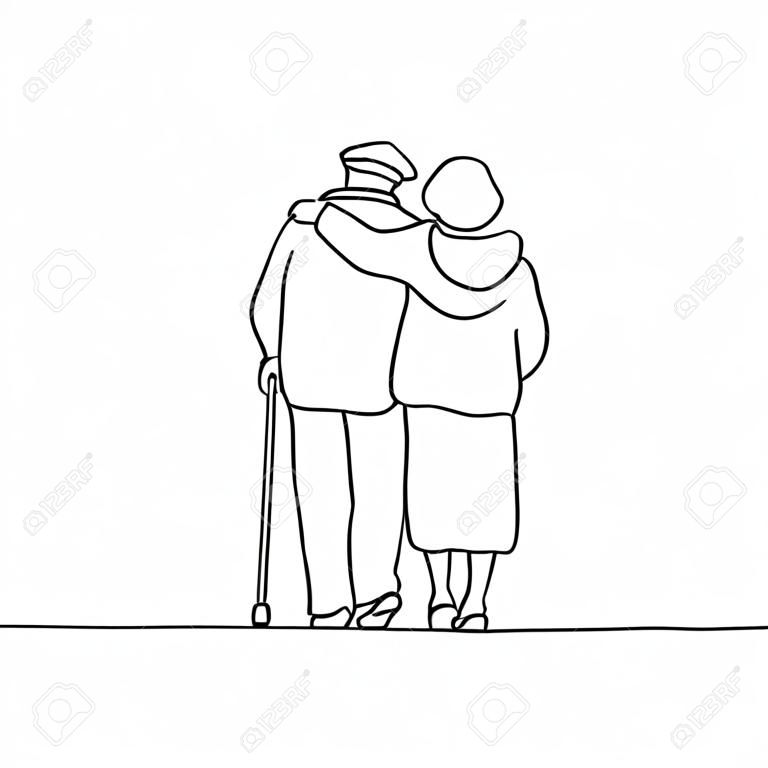 連続線の描画。幸せな高齢者カップル ハグと歩きます。ベクトル図