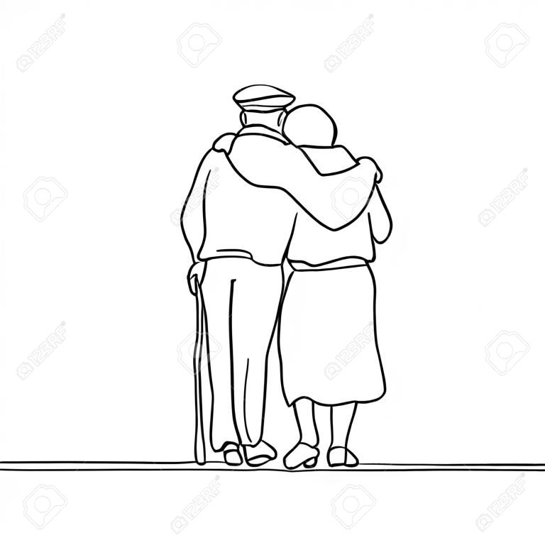 Sürekli çizgi çizimi. Mutlu yaşlı çift sarılma ve yürüyüş. Vektör çizim
