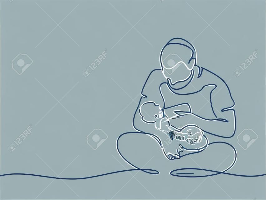 Continuous line drawing. Young father feeding baby from bottle. Vector illustration. Total editable, choose thickness and place of line