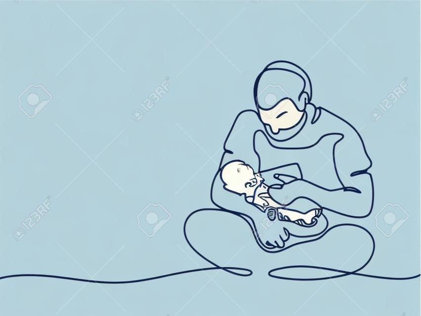 Continuous line drawing. Young father feeding baby from bottle. Vector illustration. Total editable, choose thickness and place of line