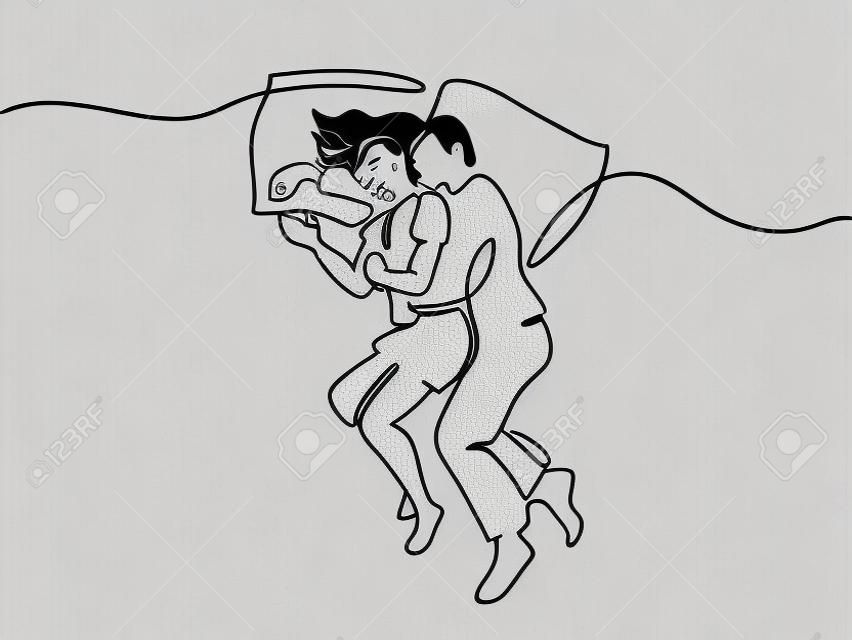 Dibujo de línea continua. Hermosa pareja en dormir posan en almohadas. Ilustración vectorial