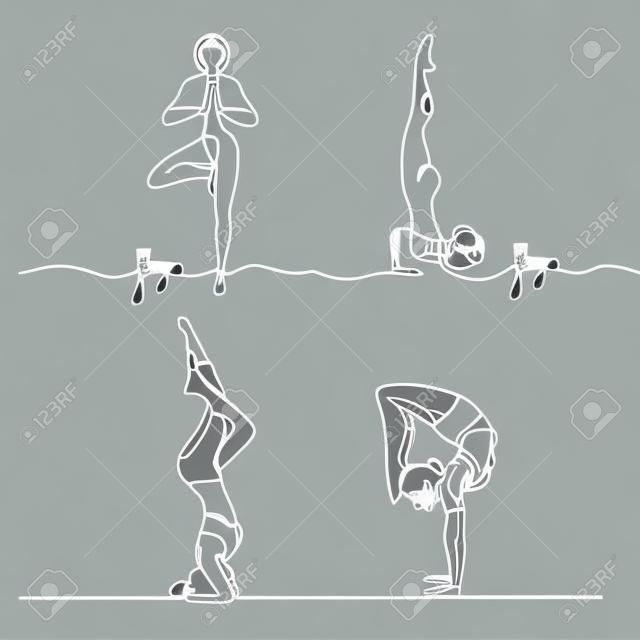 Set Continuous line drawing. Woman doing exercise in yoga pose. Vector Illustration