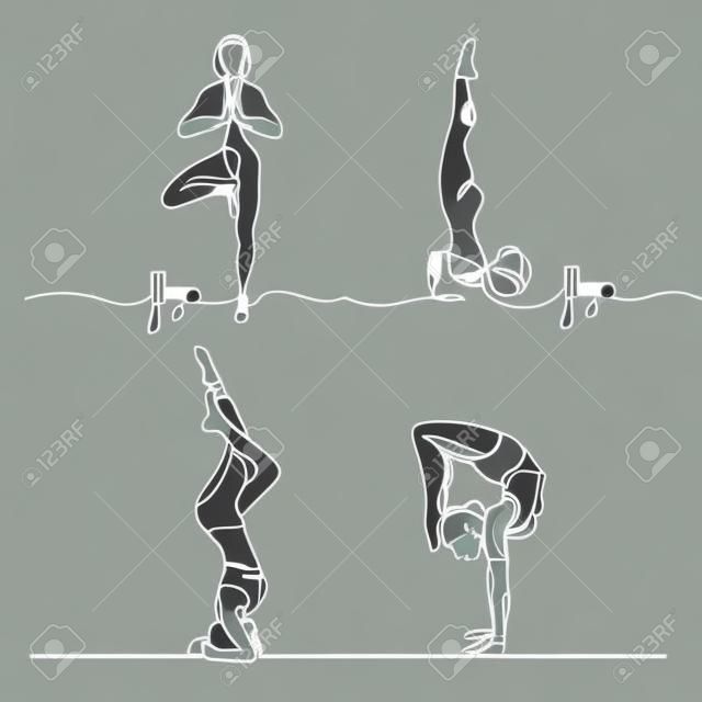 Definir desenho de linha contínua. Mulher fazendo exercício na pose de ioga. Ilustração vetorial