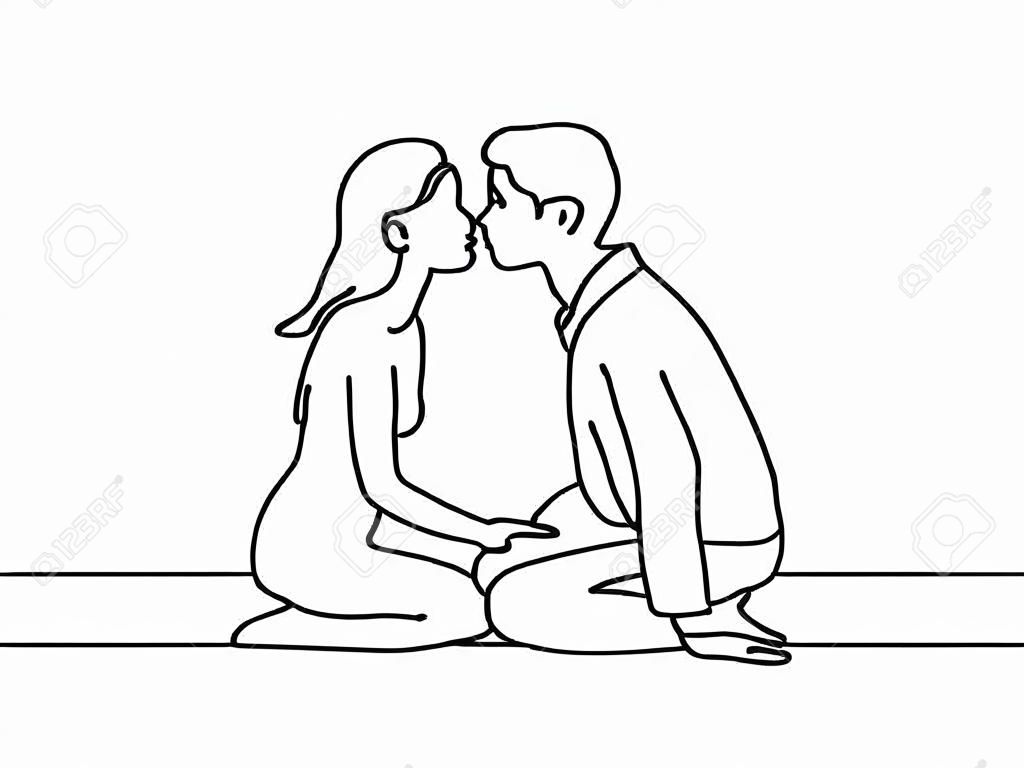 Dessin au trait continu. Couple heureux s'embrassant. Illustration vectorielle