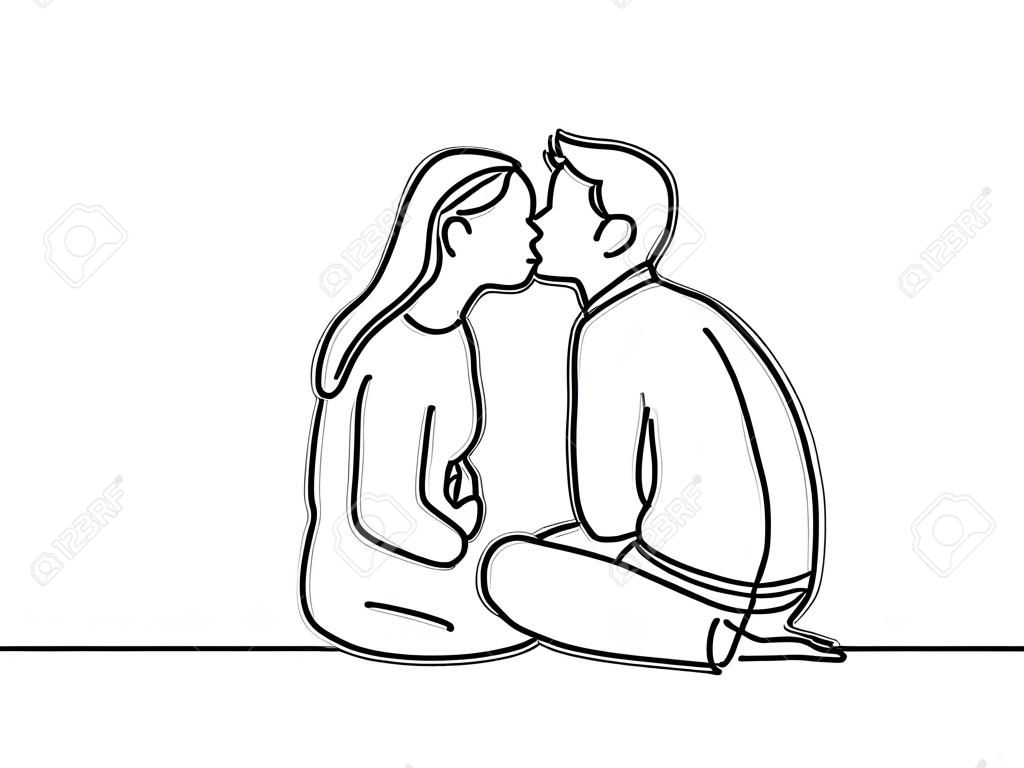 Dessin au trait continu. Couple heureux s'embrassant. Illustration vectorielle