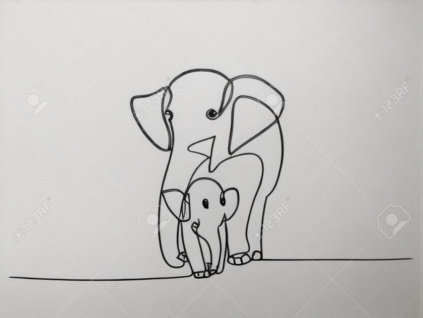 Continuous one line drawing. Elephant with baby symbol.