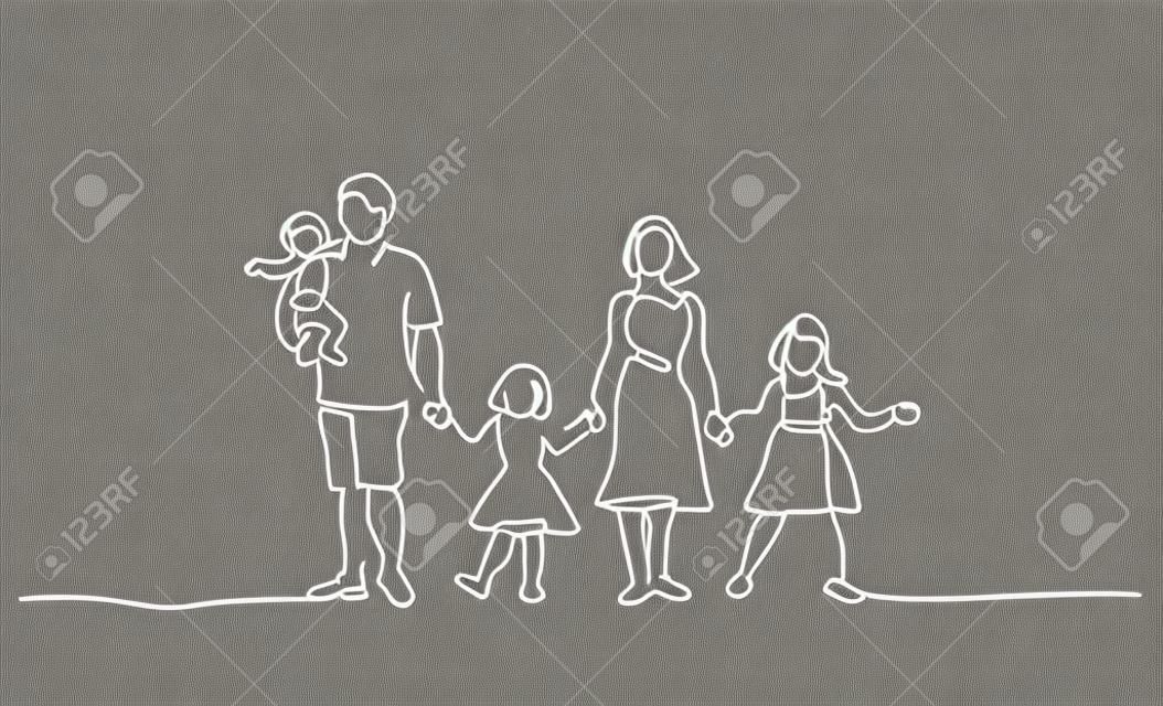 Continuous one line drawing. Happy family father and mother with three children. Vector illustration.
